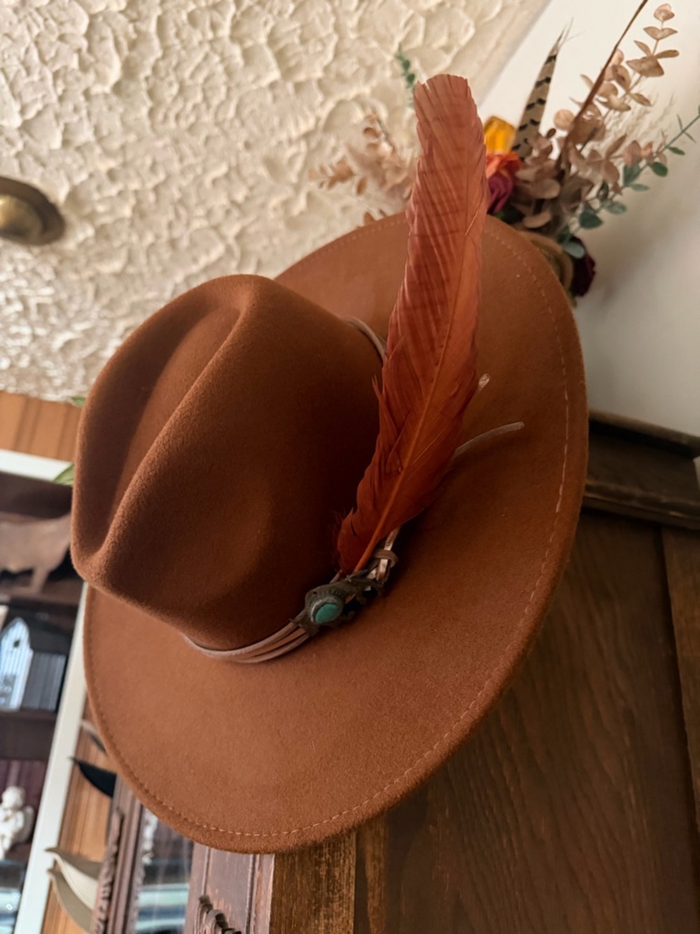Rust Brown Felt Fedora with Feather Accent